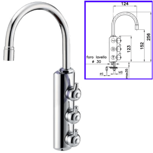 Rubinetteria Beverino 3 Vie Rubinetto Beverino 3 Vie 6mm Collo Corto Cromato con Pomelli - AqaLight Depuratori Acqua Milano e Monza