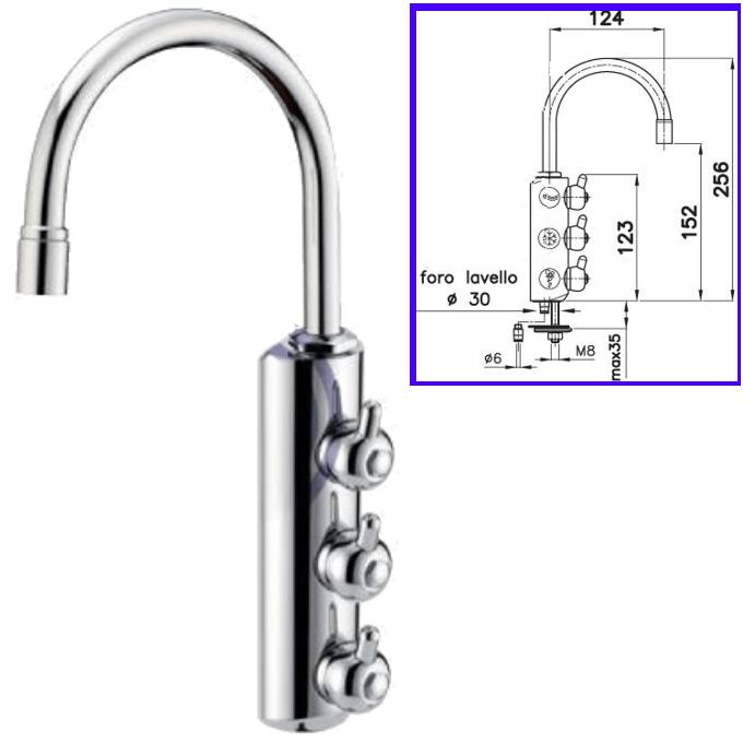Rubinetteria Beverino 3 Vie Rubinetto Beverino 3 Vie 6mm Collo Corto Cromato con Pomelli - AqaLight Depuratori Acqua Milano e Monza
