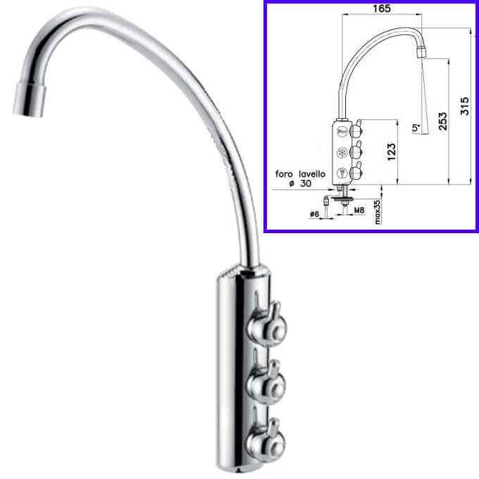 Rubinetteria Beverino 3 Vie Rubinetto Beverino 3 Vie 6mm Collo Lungo Cromato con Pomelli - AqaLight Depuratori Acqua Milano e Monza